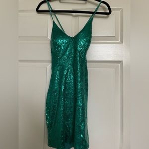 teal sequin mini formal dress, open back